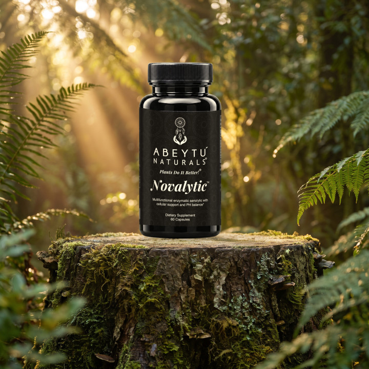 Novalytic by Abeytú Naturals on a moss-covered tree stump in a sunlit fern forest