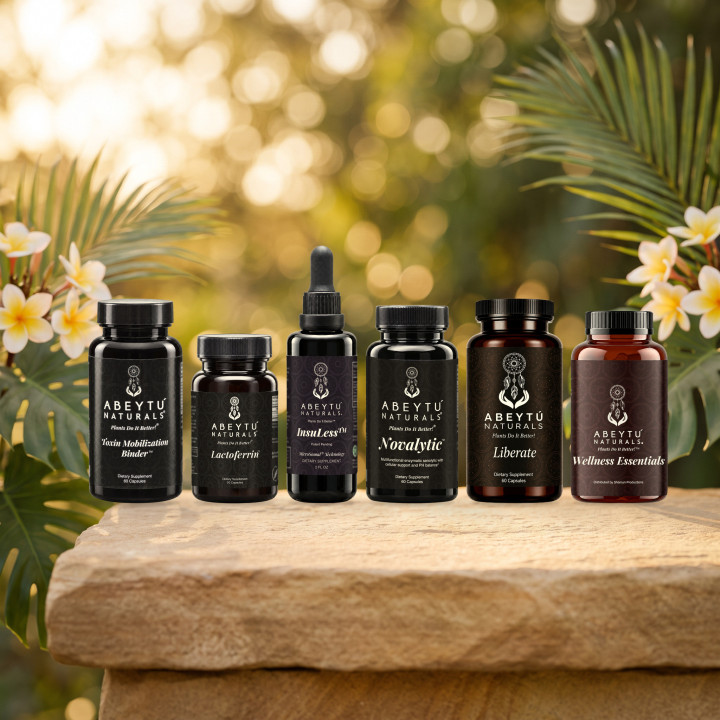 All six Abeytú Naturals bottles on a sandstone ledge in a tropical garden at golden hour