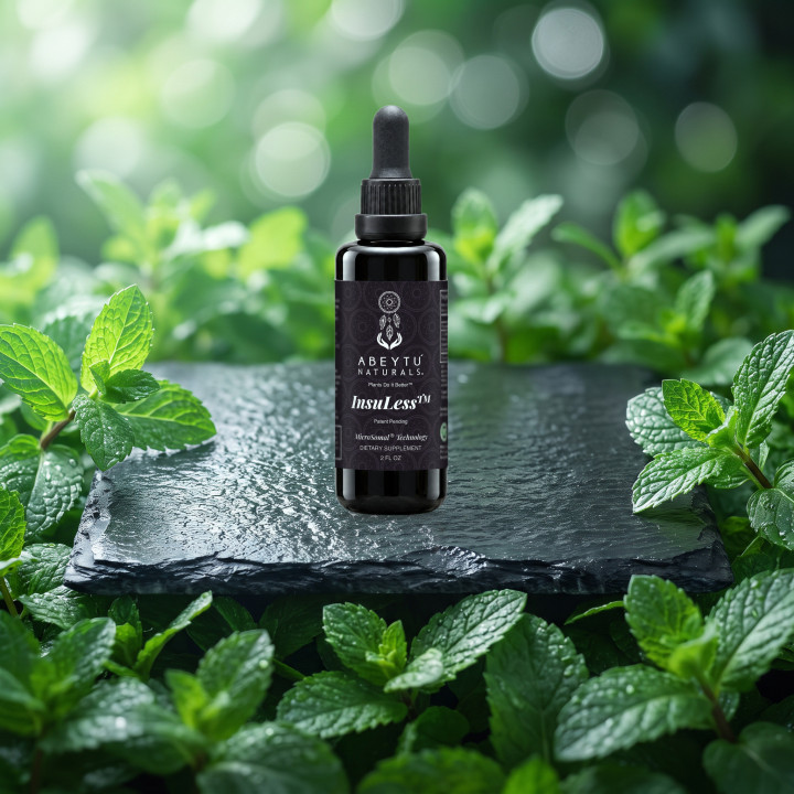 InsuLess dropper bottle on dark wet slate among fresh, dewy mint leaves