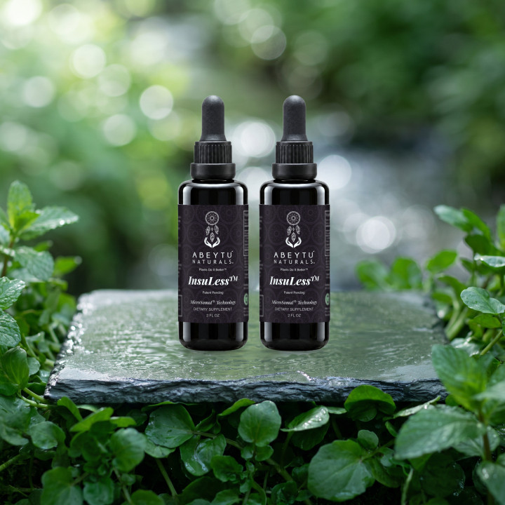 Two InsuLess dropper bottles on wet slate among fresh mint beside a woodland brook