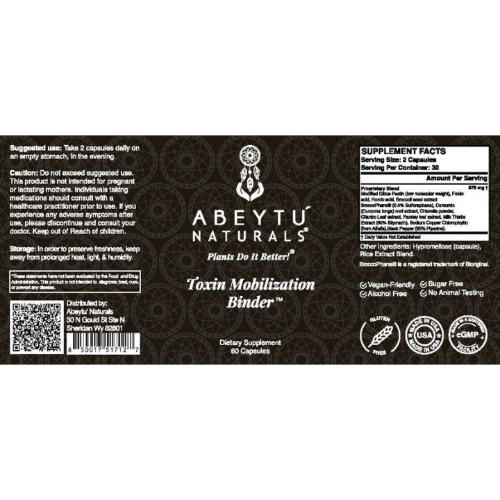 Toxin Mobilization Binder full label laid flat: suggested use, cautions and supplement facts
